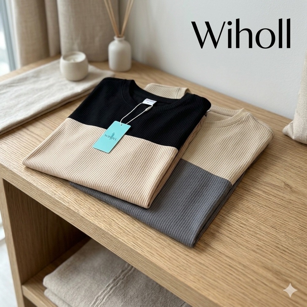 Wiholl Womens Ribbed Colorblock T-Shirt Set 2 Pack Crew Neck Short Sleeve XL NEW